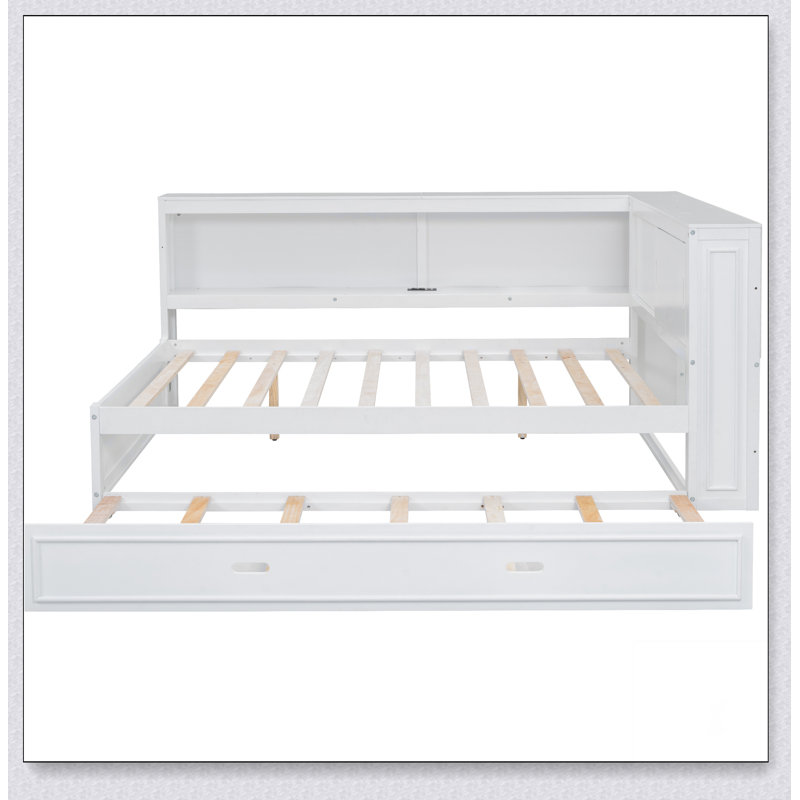 Lit de jour en bois pleine grandeur avec tablettes de rangement, USB, DEL et lit gigogne, blanc