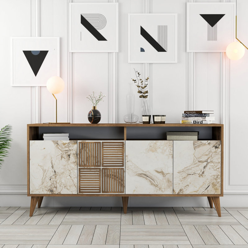 Adrius Console Table, 78.6 H x 160 W x 35 D cm, Walnut, White Marble