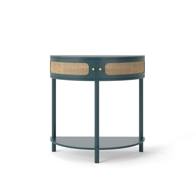 Mid-Century Half-Moon Rattan Console Table with Storage Cabinet & Lower Shelf, Narrow Curved Entryway Accent Table for Hallway Living Room, Deep Teal Finish