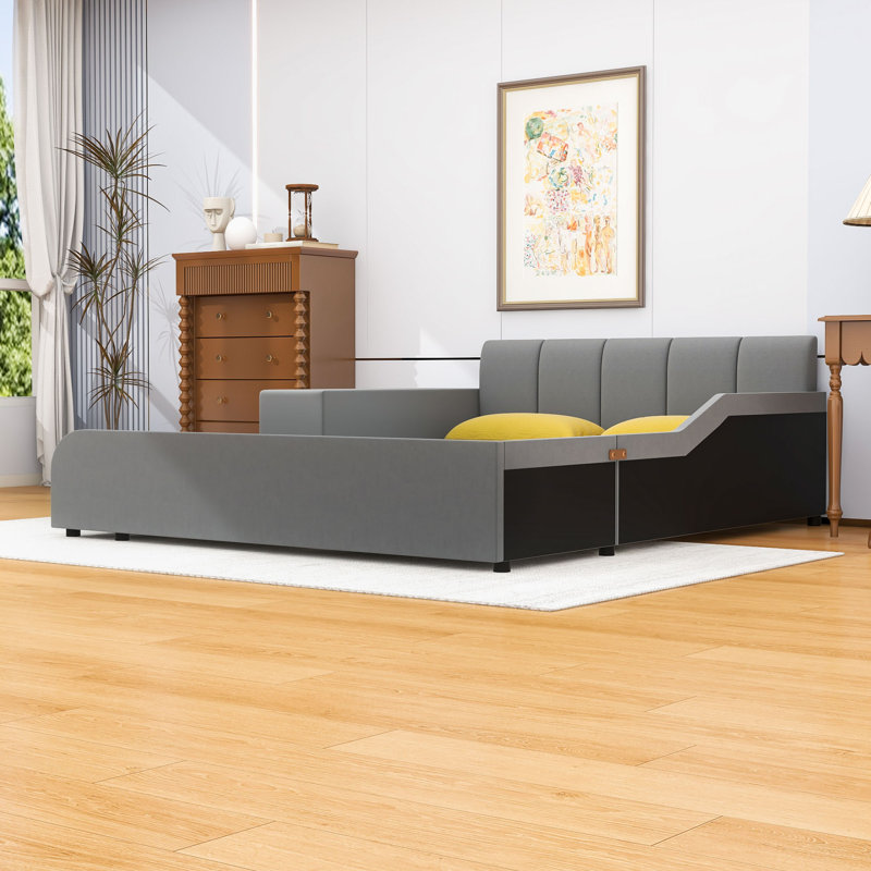 Lit plateforme tapissier en bois avec bureau de chevet, tabouret rond et tête de lit, Gris, Grand lit