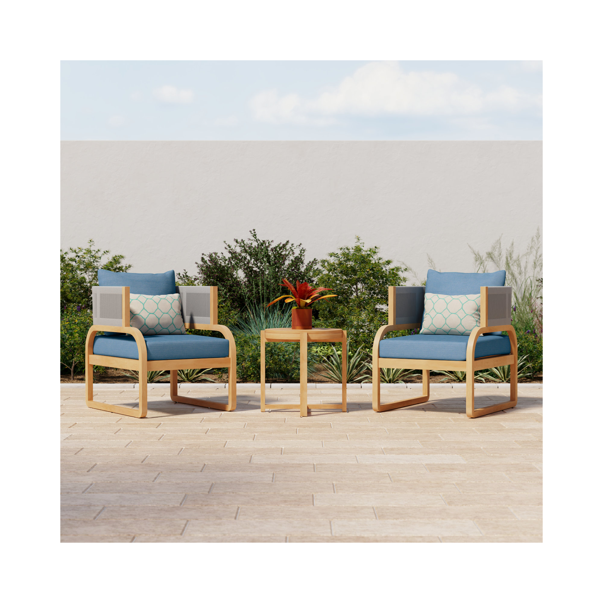 Rana 2 - Person Outdoor Seating Group with Sunbrella Cushions, Brown Frame/Blue Olefin Cushion