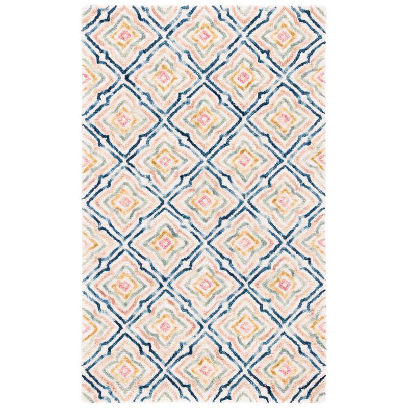 Tapis ivoire / bleu marine en laine touffeté à la main Rubalcava, Rectangle 3 pi x 5 pi