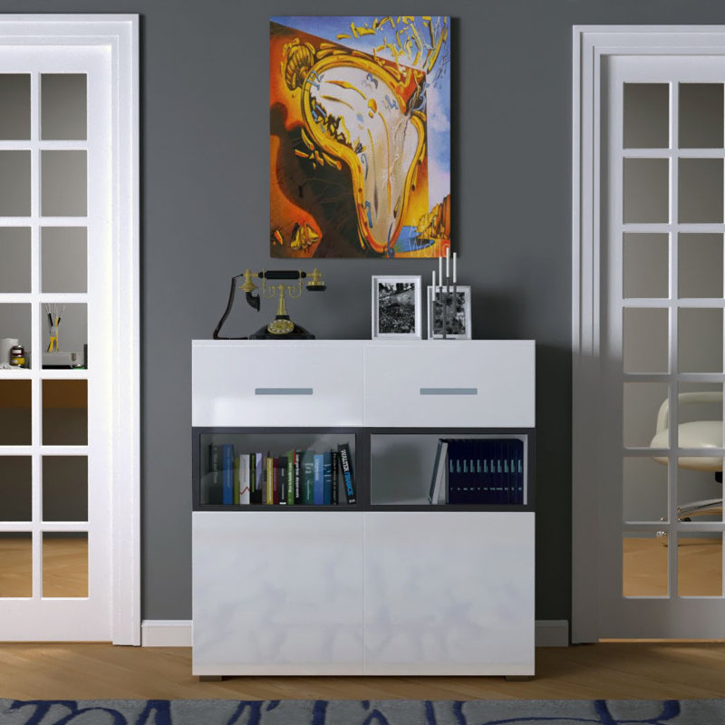 Gloss White Freestanding Office Cabinet with LED Lighting
