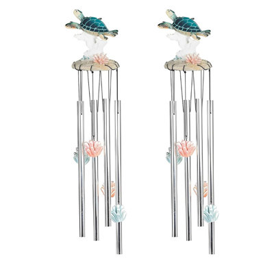 2-PC Gift Set ICE ARMOR 23" Long Sea Turtle with Coral Round Top Wind Chime Figurine Statue Sculpture Ornament Decoration Home/Room/Garden Decor for Housewarming, Holidays, Christmas Special