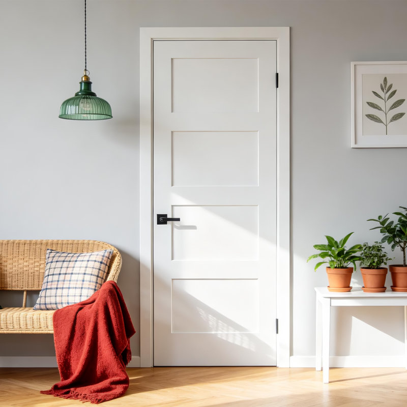 (Avec serrure et trou pour charnières) Porte standard à 4 panneaux en bois massif apprêté, 18 po x 80 po, Gauche