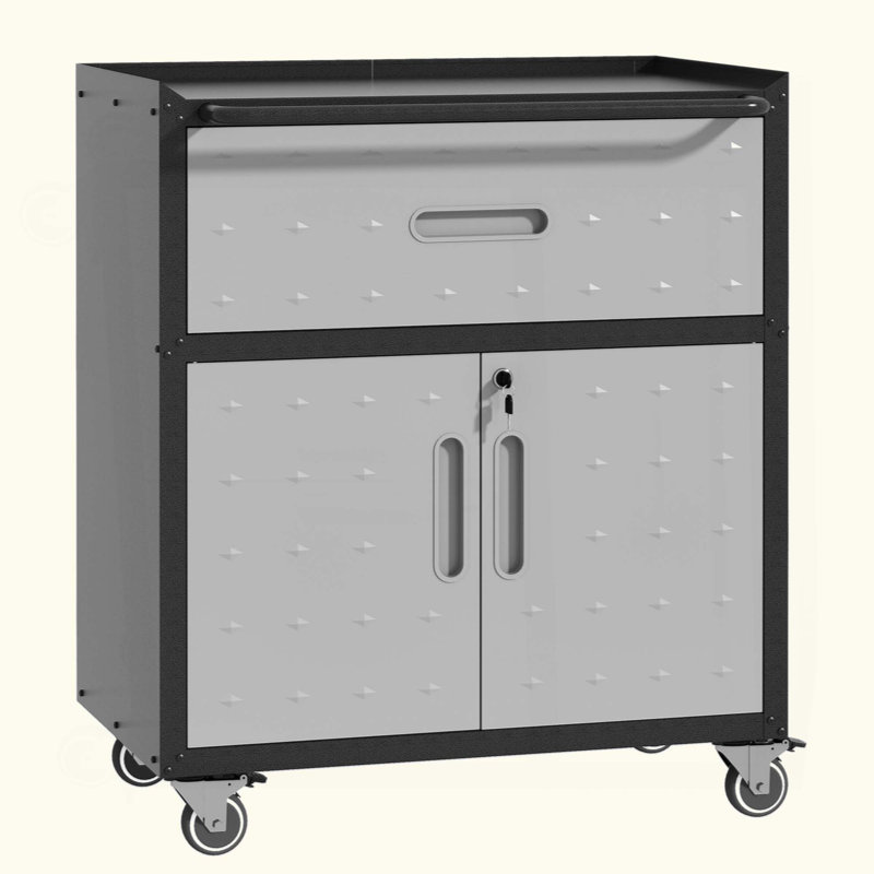 Armoire à outils en métal robuste et durable pour le garage avec roues - Armoire de rangement mobile robuste avec 1 tiroir et 2 portes verrouillables, armoire de rangement à outils roulante