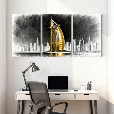 Ensemble de 3 impressions d'art sur toile, "Golden Burj Al Arab Skyline Reflection"
