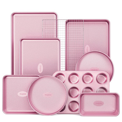 9-Piece Nonstick Bakeware Set, Stackable Non-Toxic Diamond Texture Oven Baking Pans, Includes Cookie Sheet With Rack, Cake Pan, Roasting Pan & Muffin Tin