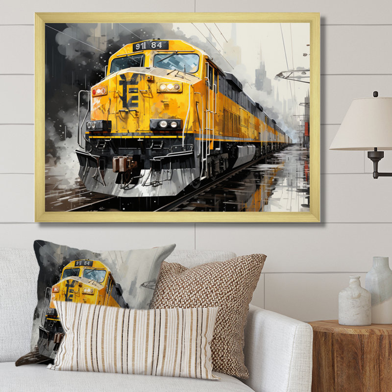 Yellow Grey Train Geometric Momentum Yellow II - Transportation Wall Decor, H 24 po x l 32 po x P 1 po, Encadrement doré