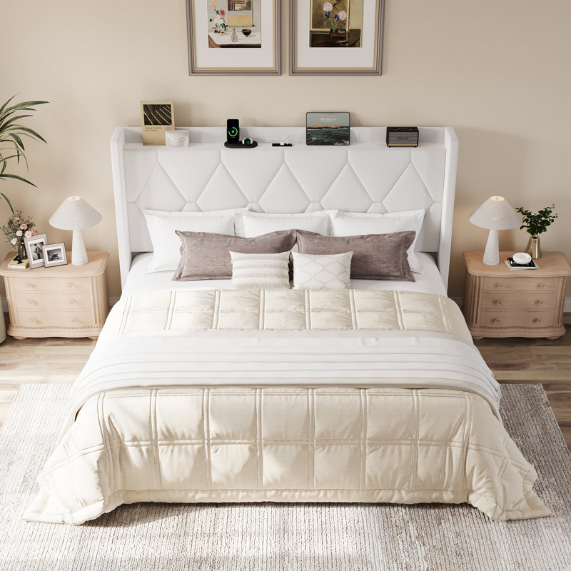 Modern Tufted Velvet Upholstered Bed With Charging Station & Storage Shelf ,No Box Spring Needed, White, King