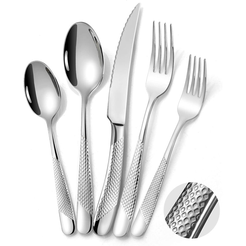 Ensemble de couverts 40 pièces pour 8 avec couteaux à steak dentelés, ensemble de couverts en acier inoxydable 18/10, argenterie polie miroir lavable au lave-vaisselle pour un repas moderne