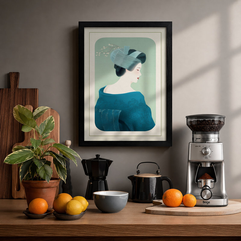 Woman in Teal Profile Art Deco 1 Piece Single Picture Frame Wall Art, A2 - 59.4 x 42.0 cm, Black