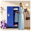 Armoire-penderie métallique de 140 cm de haut, en acier bleu, avec porte ventilée, serrure et crochets latéraux.