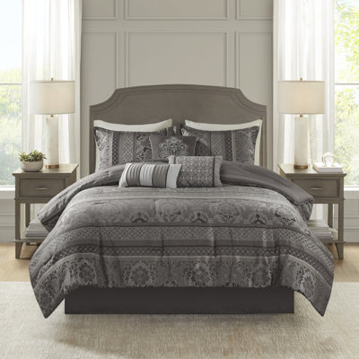 Ensemble de literie en jacquard gris élégant pour très grand lit 7 pièces