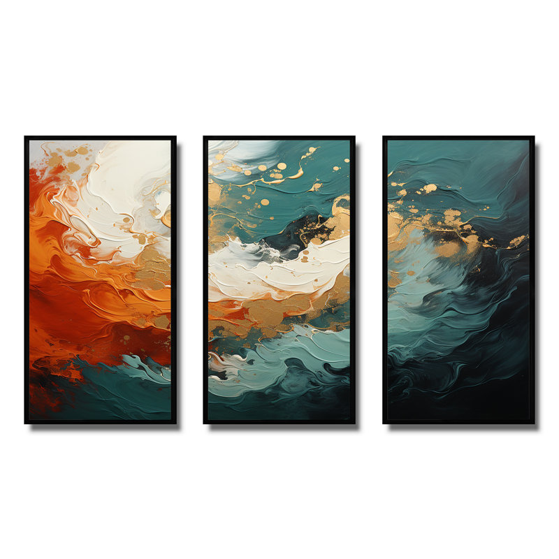 Orange et marbre doré, lave III - art mural abstrait, Cadre flottant noir, H 40 po x l 61 po x P 1 po
