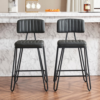 Deux chaises de bar industrielles, à hauteur de comptoir avec base en métal et siège rembourré en mousse grise, pour la salle à manger, 2 tabourets de style loft, fabrication en tissu, îlot de cuisine, bar à la maison, café,