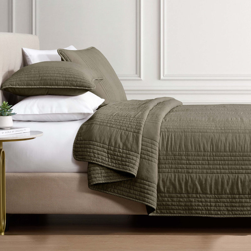 Ensemble de couvre-lit 3 pièces Sharon Olive, Couvre-lit très grand et 2 taies de très grande , Vert