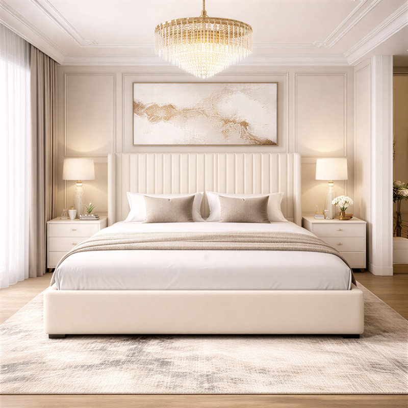 Premium Plush Bed Frame – Elegant Padded Bed with 48” Statement Headboard, Solid Wooden Bed – Contemporary Designer Finish