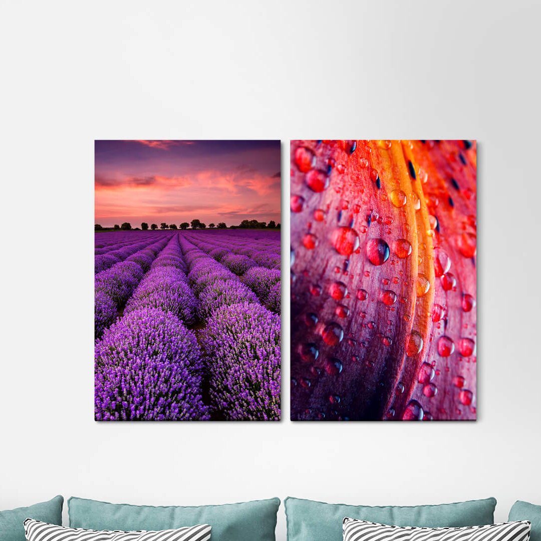 2-tlg. Leinwandbilder-Set - Fotografie „Raindrop Lavender Field Horizon Nature Colourful Picturesque”