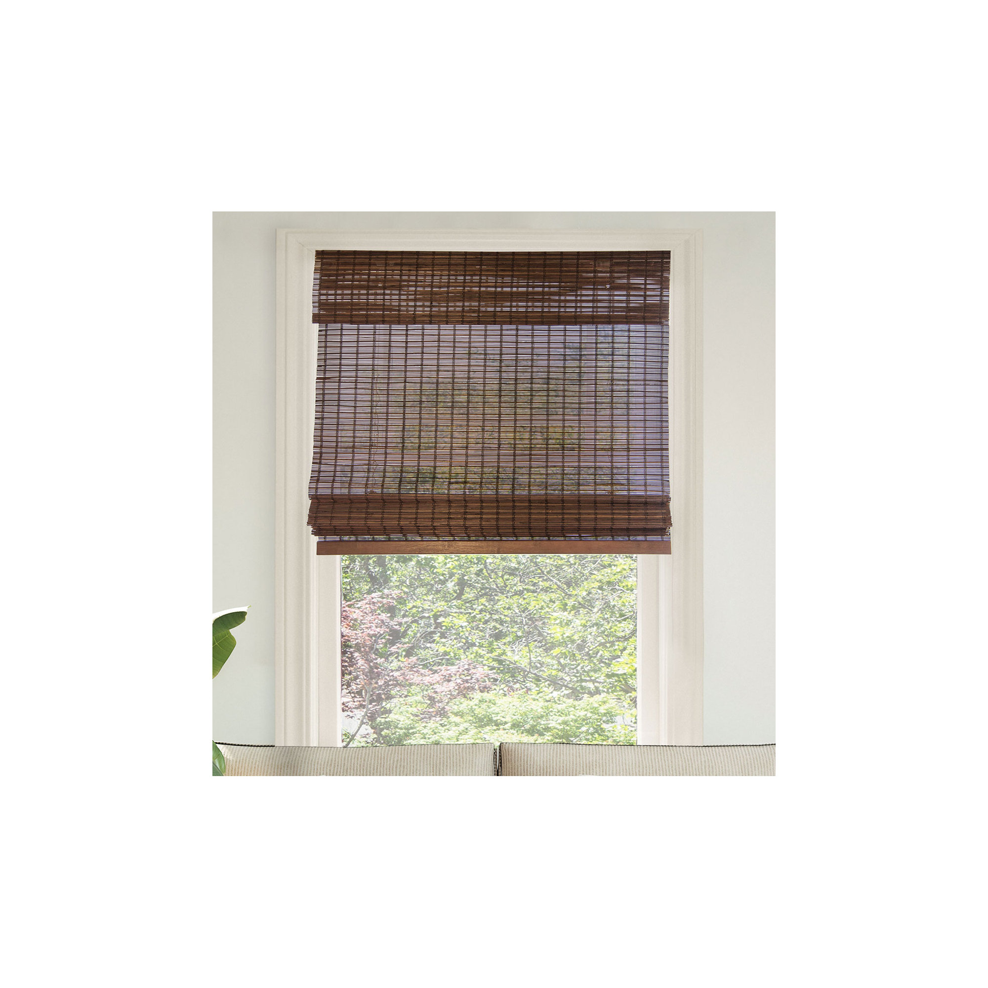 Cordless Light Filtering Woven Wood Bamboo Roman Shade with Valance, 27"W x 64"L, Gray
