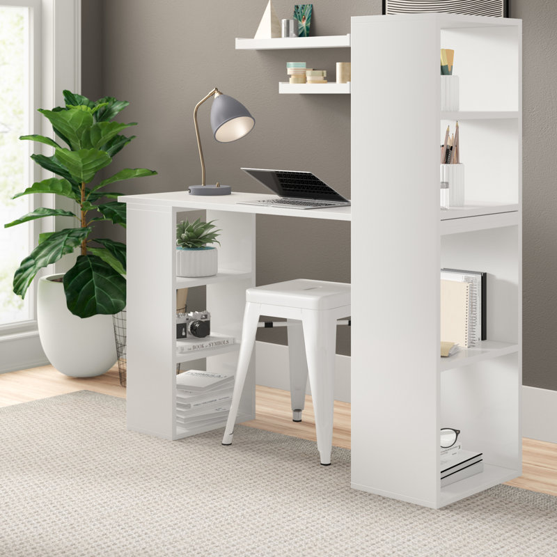 Modern Study Desk with Wall-Mount Cabinet, White, 35.4 x 27.6 x 15.7 inches | 100% Melamine Coated Particle Board, Thickness: 0.7 inches | Multiple Shelves, Sleek Design for Home Office & Study Spaces