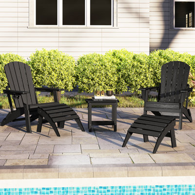 5-piece Hdpe Plastic Adirondack Chair Set With Side Table & Ottomans – All-weather Outdoor Patio Conversation Set