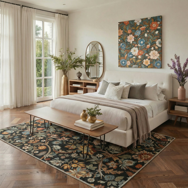 Aazad Floral Machine Washable Black / Green Indoor Area Rug with Non-Slip Backing, Rectangle 9' x 12'