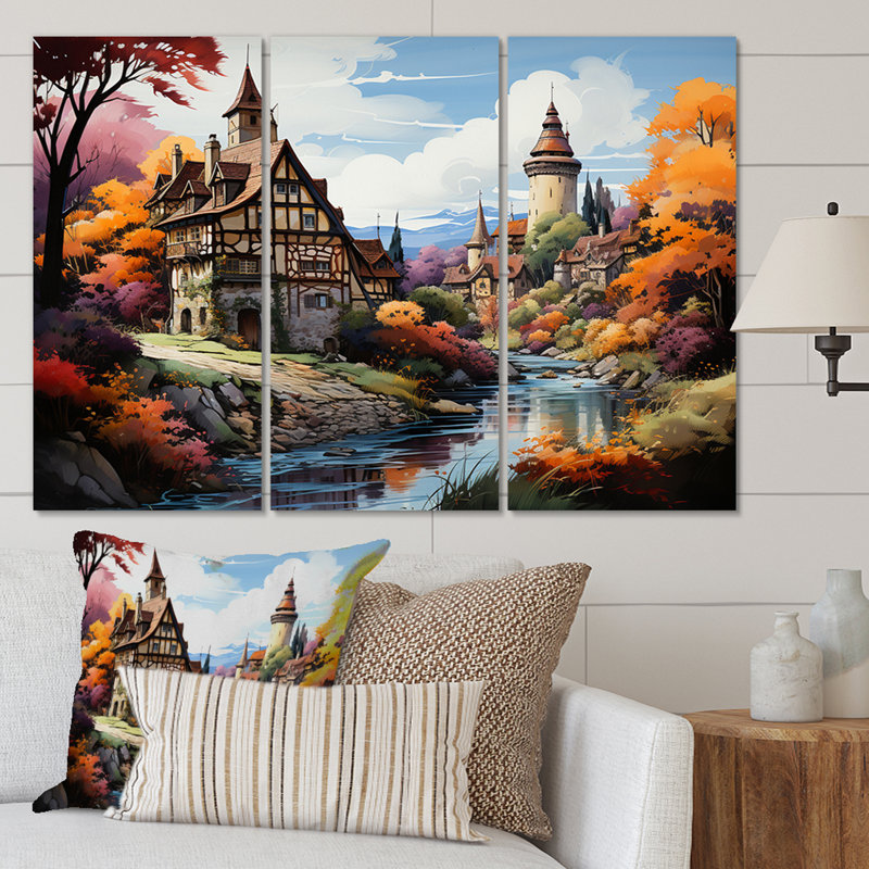 Village médiéval français en Alsace I - ensemble d'art mural français, H 32 po x l 48 po x P 1 po