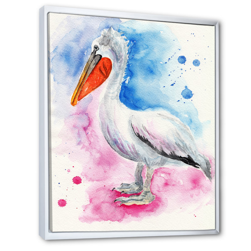 Pélican bleu et rose, H 40 po x l 30 po x P 1,5 po, Toile encadrée flottée blanche