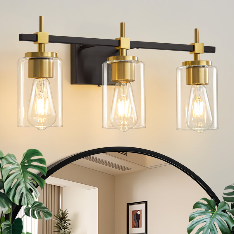 3 - Light Black Gold Modern Luxury Dimmable Bathroom Vanity Light Mirror Headlights With Shade, Matte Black/Gold