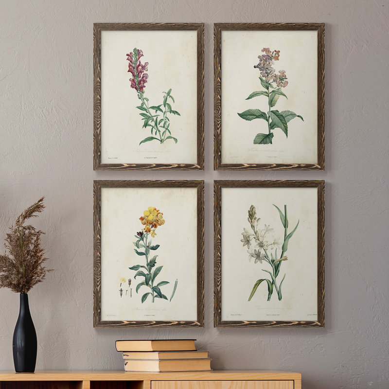 Traditional Botanical I - Ensemble de 4 reproductions de cadres photo sur toile, H 24 po x l 72 po x P 1,5 po, Noyer