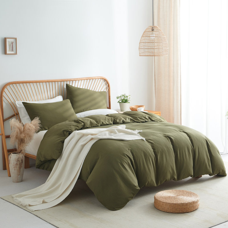 Nayoroom Washed Cotton Plain Breathable Simple and stylish Duvet Cover Set, King Duvet Cover + 2 King Pillowcases, Green