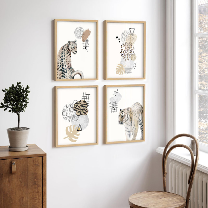 "Guépard dans la jungle, tigre et géométrie, nature, désert, décor moderne", 4 pièces, Naturel, H 14 po x l 11 po