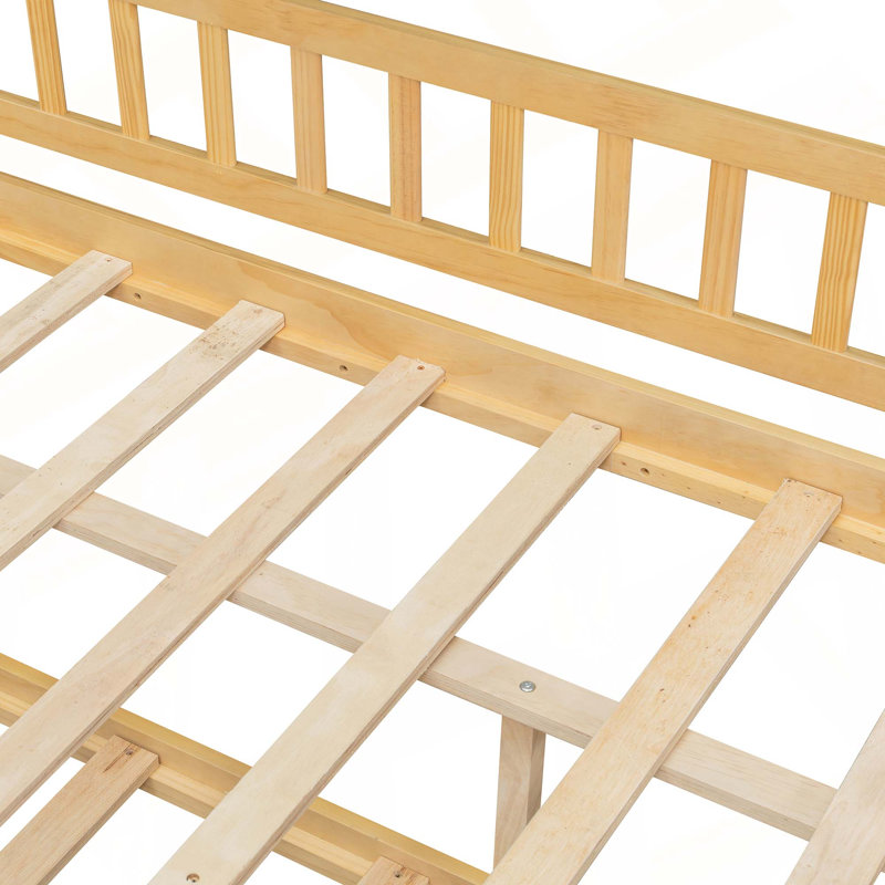 Lit en bois avec lit gigogne simple, Naturel, Lit double