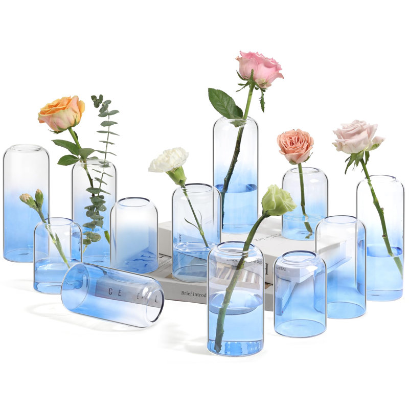 Ensemble de 12 petits vases à fleurs en verre, Bleu