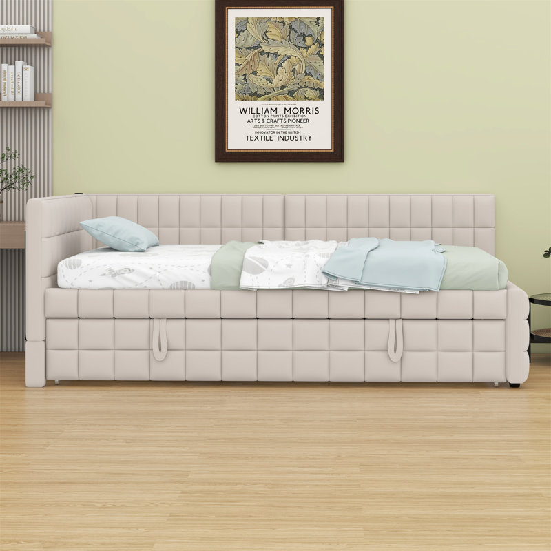 Lit de jour rembourré en L avec couchette escamotable et ports USB, Beige