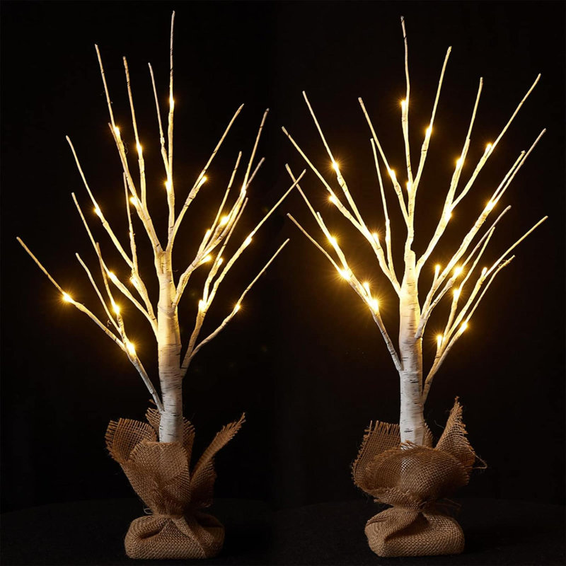 Arbre de bouleau illuminé, 2 lumières de table H 24 po avec décor en toile de jute, 24 lumières DEL blanc chaud pré-éclairées, fonction minuterie, arbre d'argent parfait pour la décoration de la maison de printemps, intérieur et extérieur
