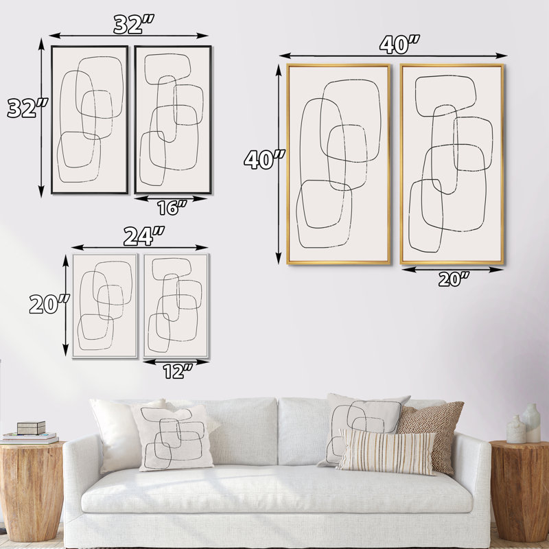 «Abstract Geometric Minimalistic Line I», ensemble de 2 peintures, H 32 po x l 32 po x P 1 po, Cadre doré
