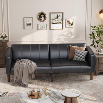 75 in Futon Sofa Bed, Convertible Sleeper, Faux Leather Small Couch, Loveseat, Mid-Century Modern Couch for Living Room, Bedroom,Black