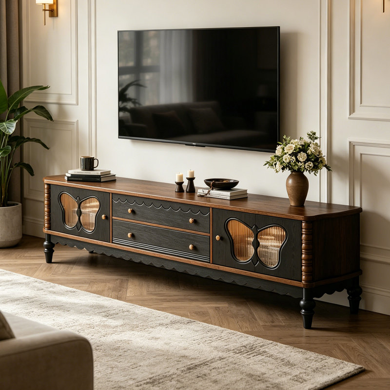 Meuble télé rétro avec portes en verre, H 22,04 po x L 86,61 po x l 15,74 po, Noir / brun