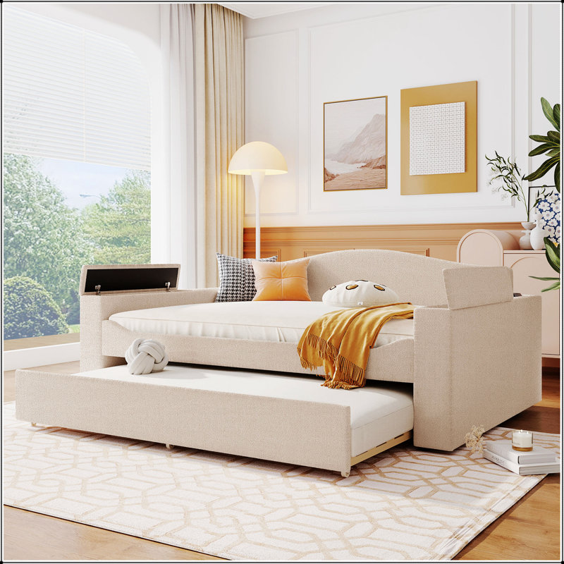Upholstered Daybed With Storage Armrests, Trundle, And Integrated Bluetooth Audio System For Modern Comfort, Full