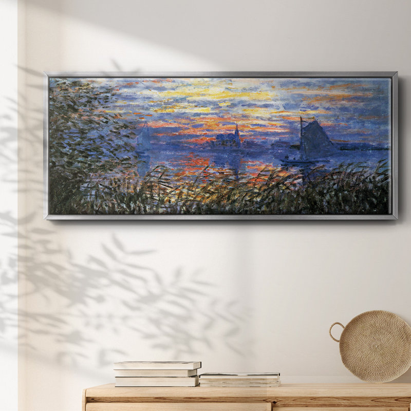 " Sunset On The Seine " by Claude Monet, 12" H x 30" W x 1.5" D, Silver Floater Framed Canvas