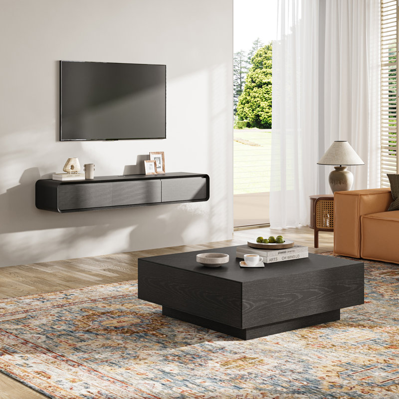 Blosse 78.74'' Floating TV Stand with 39.37'' Square Coffee Table Set, Fully Assembled, Black