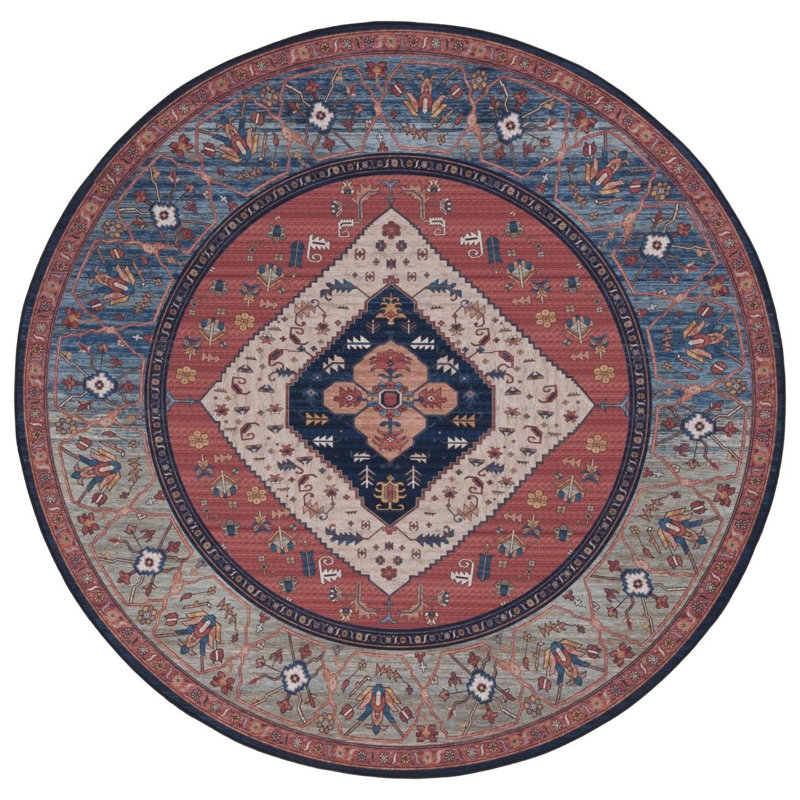 Tucson Heirloom Machine Washable Non-Slip Area Rug In Rust & Blue, Round 122cm