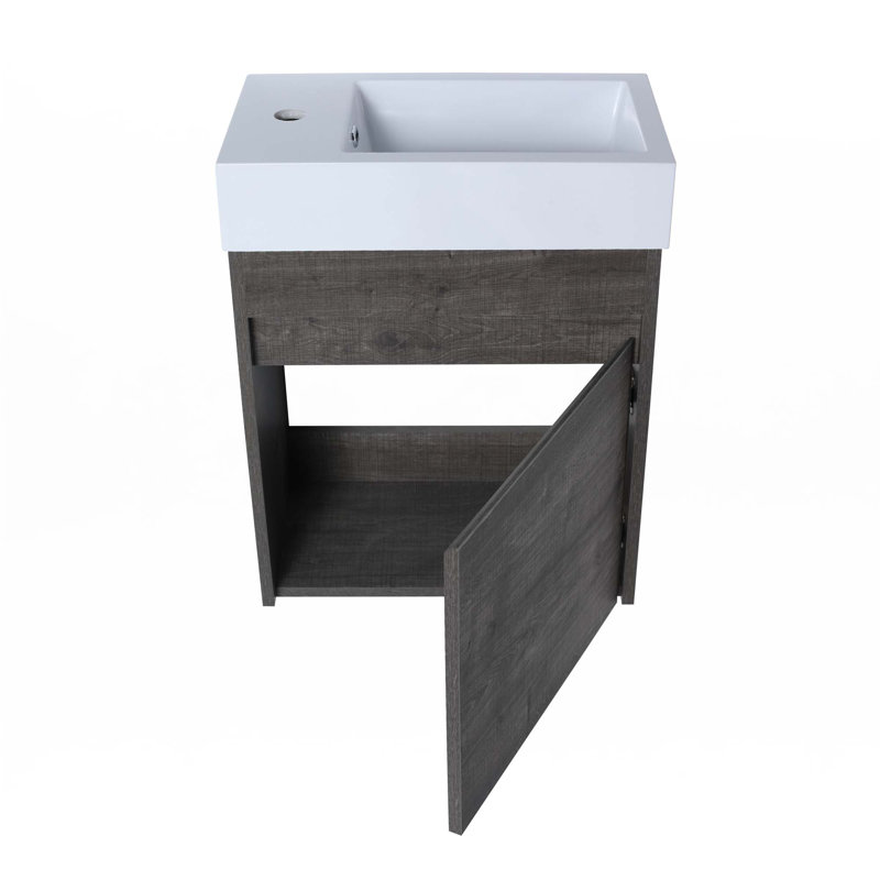 Meuble-lavabo flottant mural avec lavabo, Chêne gris carreauté