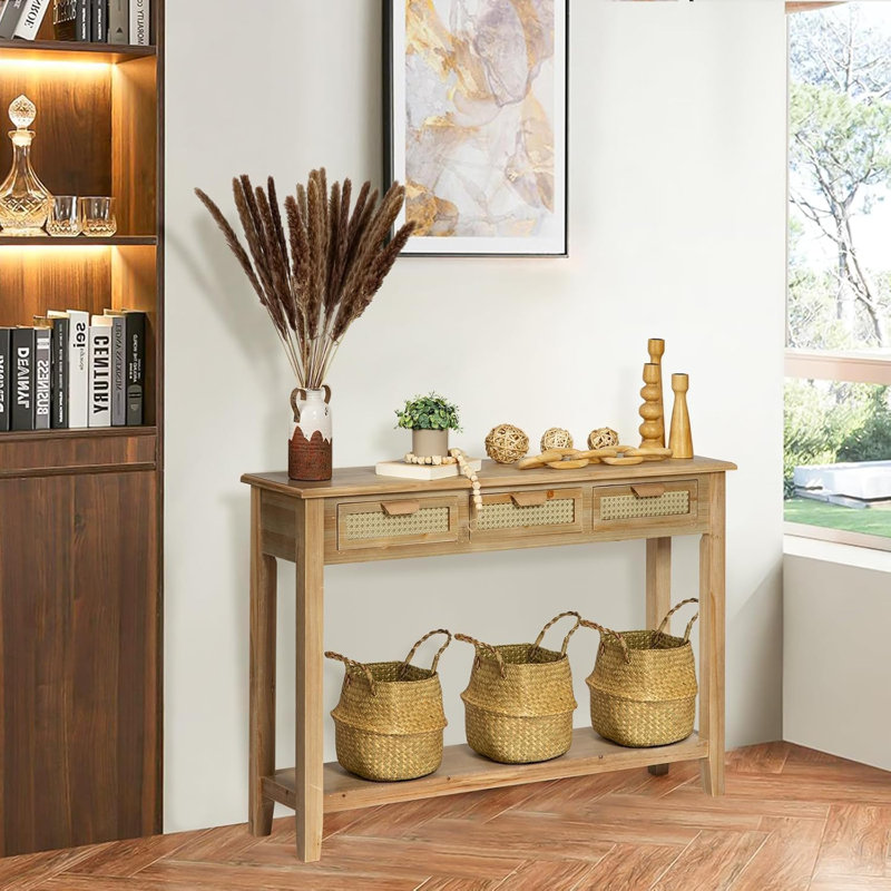 Farmhouse Console Table With 3 Rattan Drawers, 46" Long Narrow Boho Foyer Sofa Tables With Open Storage Shelves For Entryway, Hallway, Living Room, Natural