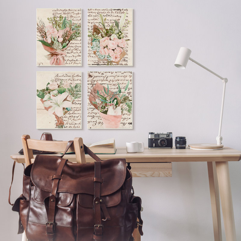 «Quaint Pink Flowers Green Leaves Vintage Brown Script» par Melissa Wang - ensemble de 4 impressions, H 19 po x l 13 po