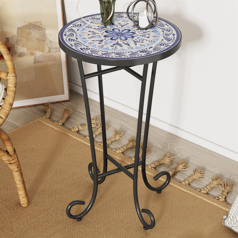 French Country Outdoor Side Table with Weather-Resistant Ceramic Top, Multi