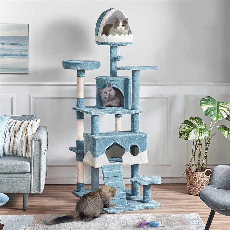 Ocean-Themed Blue and White Sisal Cat Tree Tower