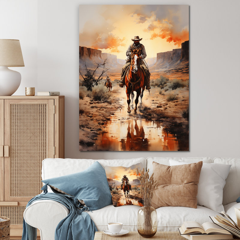 Mabe Cowboy Chassant le coucher du soleil II - Cowboys, art mural, H 40 po x l 30 po x P 1,5 po, Toile tendue